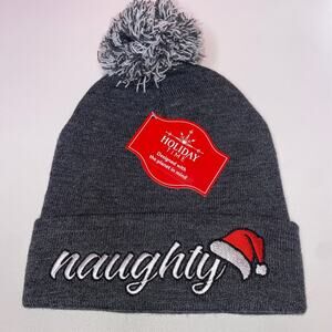 Women's Grey Naughty / Nice Pom Pom Beanie Hat